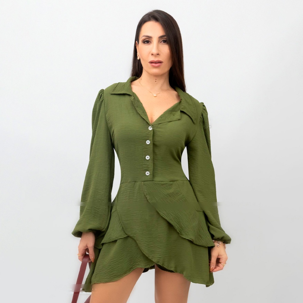 Vestido Feminino Curto Social Elegante Com Babados e Botões Camisa Chemise Promoção Lançamento