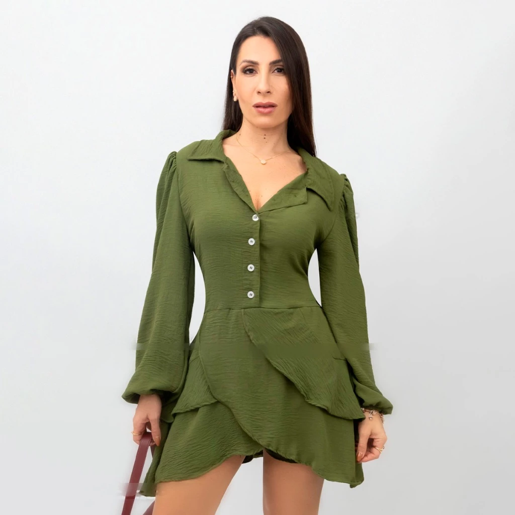 Vestido Feminino Curto Social Elegante Com Babados e Botões Camisa Chemise Promoção Lançamento