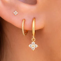Kit 3 pares de brincos femininos prata 925, pingentes de flores incrustados com zircônia, banhados a ouro 18K
