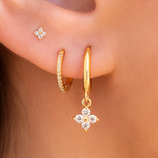 Kit 3 pares de brincos femininos prata 925, pingentes de flores incrustados com zircônia, banhados a ouro 18K