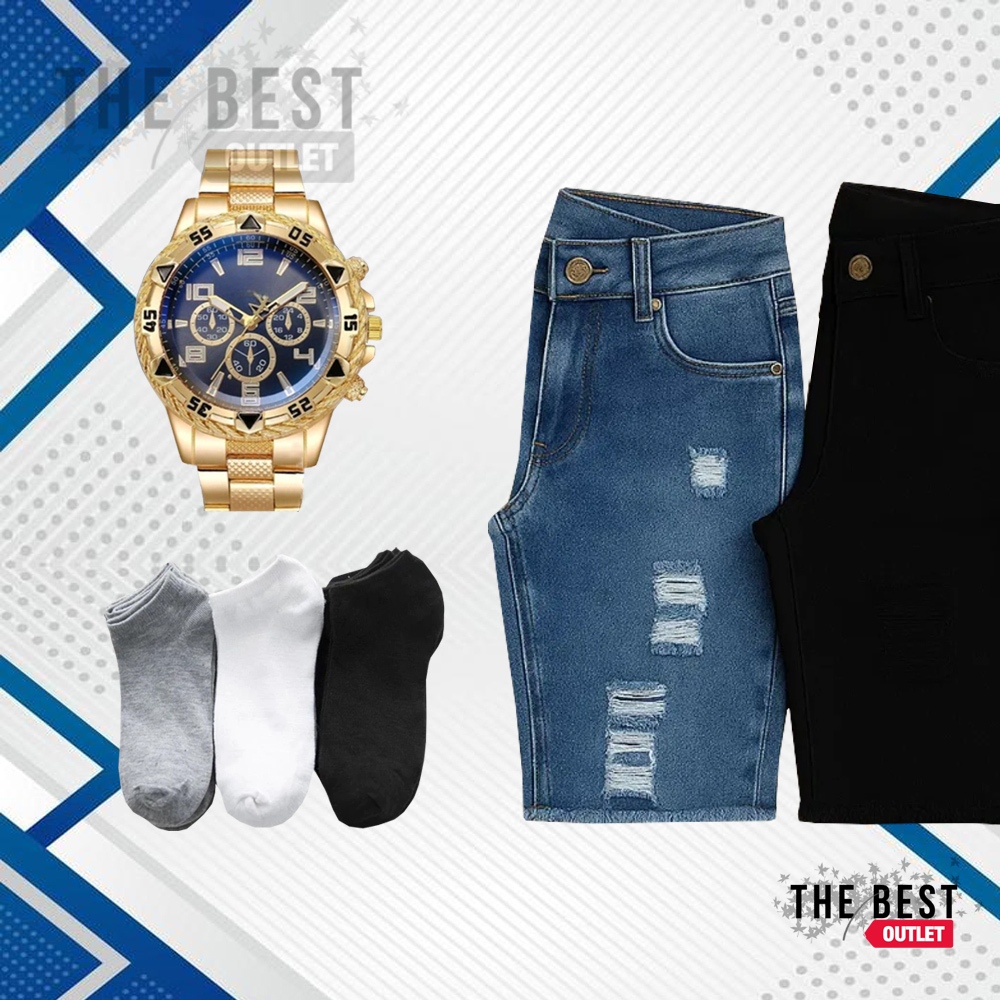 Kit Masculino Amigo Secreto Fim de Ano Bermuda Jeans Rasgada + Meia + Relógio Masculino Aço Inox
