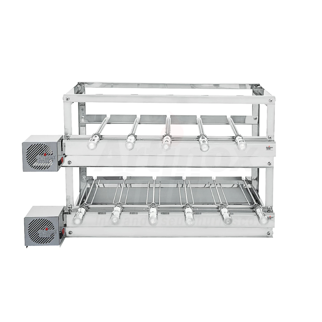 Churrasqueira Giratoria Grill Inox TRIPLA Com 11 Espetos Giratórios 2 Motor
