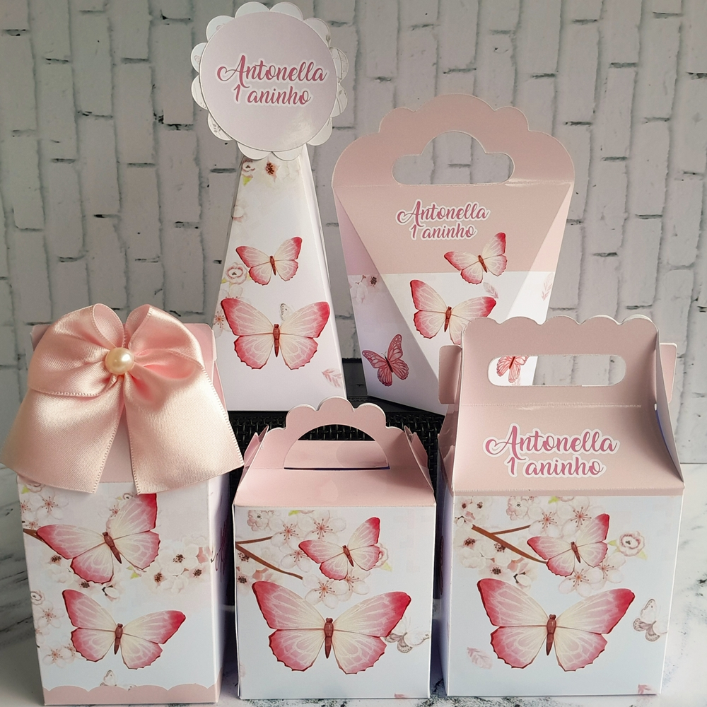 PEGUE E MONTE - Kit Caixas Personalizados Jardim das Borboletas Rosa Lembrancinhas para Aniversário Lembrança Festa
