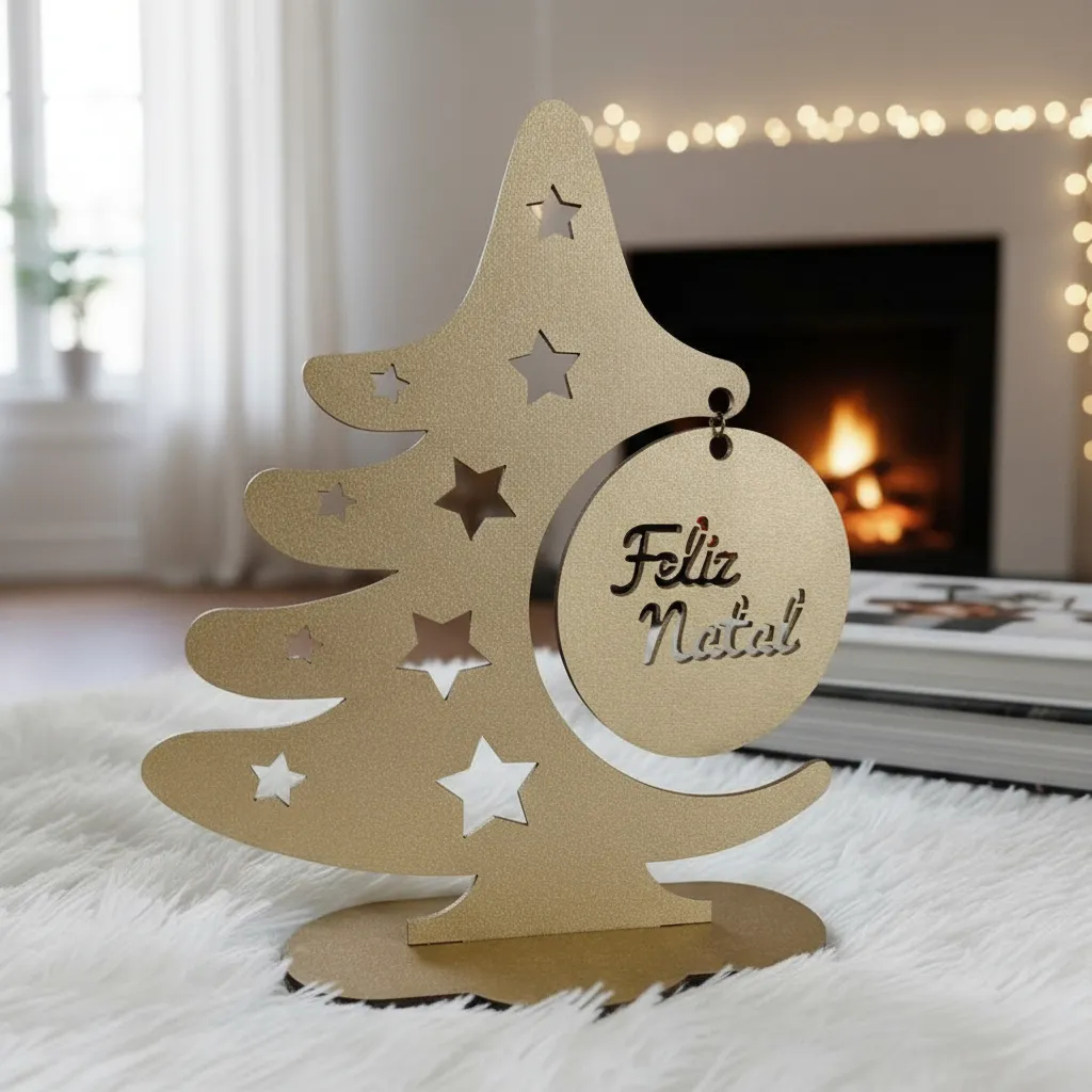 Decoração Natalina árvore minimalista com estrelas e Bolinha com frase de Feliz Natal 22cm