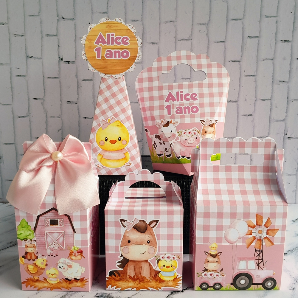 PEGUE E MONTE - Kit Caixas Personalizados Fazendinha Rosa Menina Lembrancinhas para Aniversário Lembrança Festa