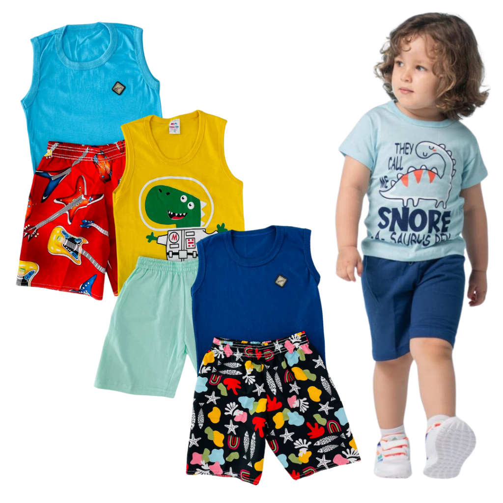 KIT DE 6 PEÇAS, 3 CAMISETAS E 3 BERMUDAS MENINO VERÃO, ESTILOSAS