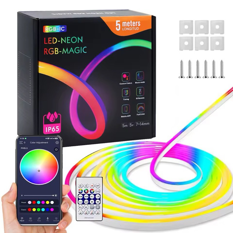 Fita LED Mangueira Neon RGB IC 5M IP65 Controle Remoto + APP Bluetooth Colorido Decorativo