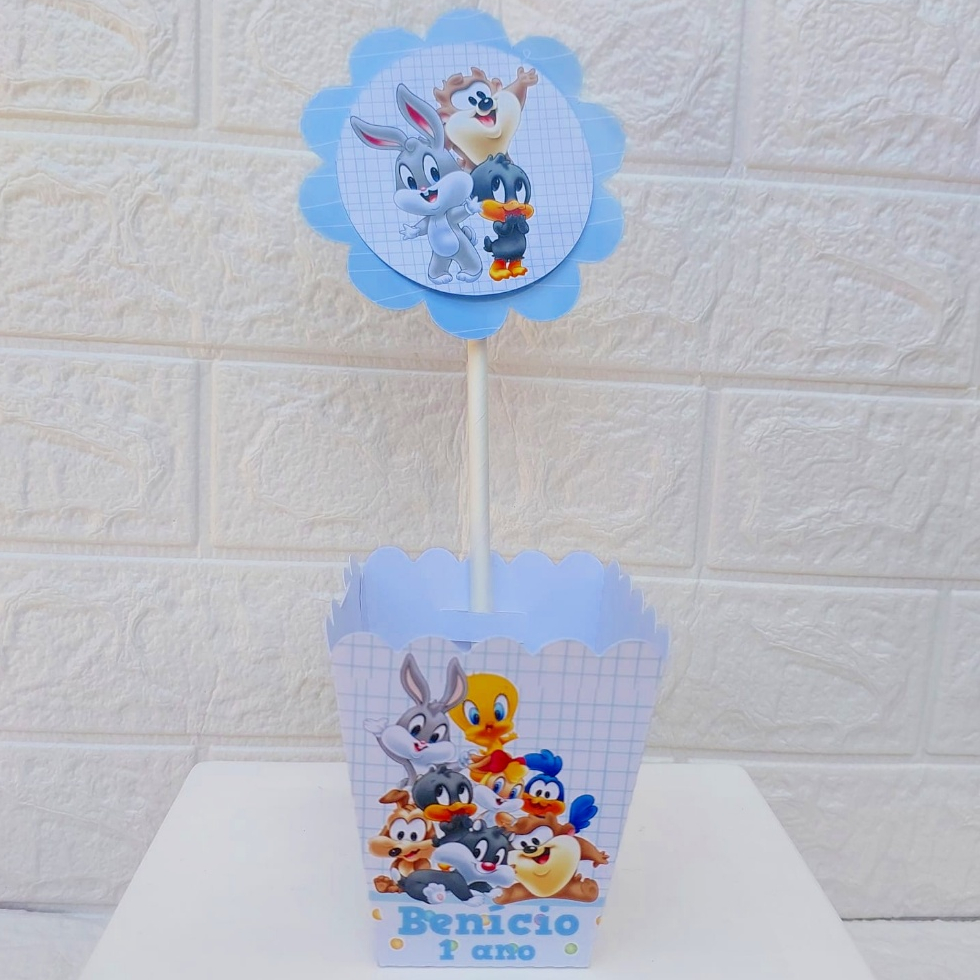 Centro de Mesa Looney Tunes Azul Personalizado – Cachepot Festa Infantil – Lembrancinha e Decoração de Aniversário