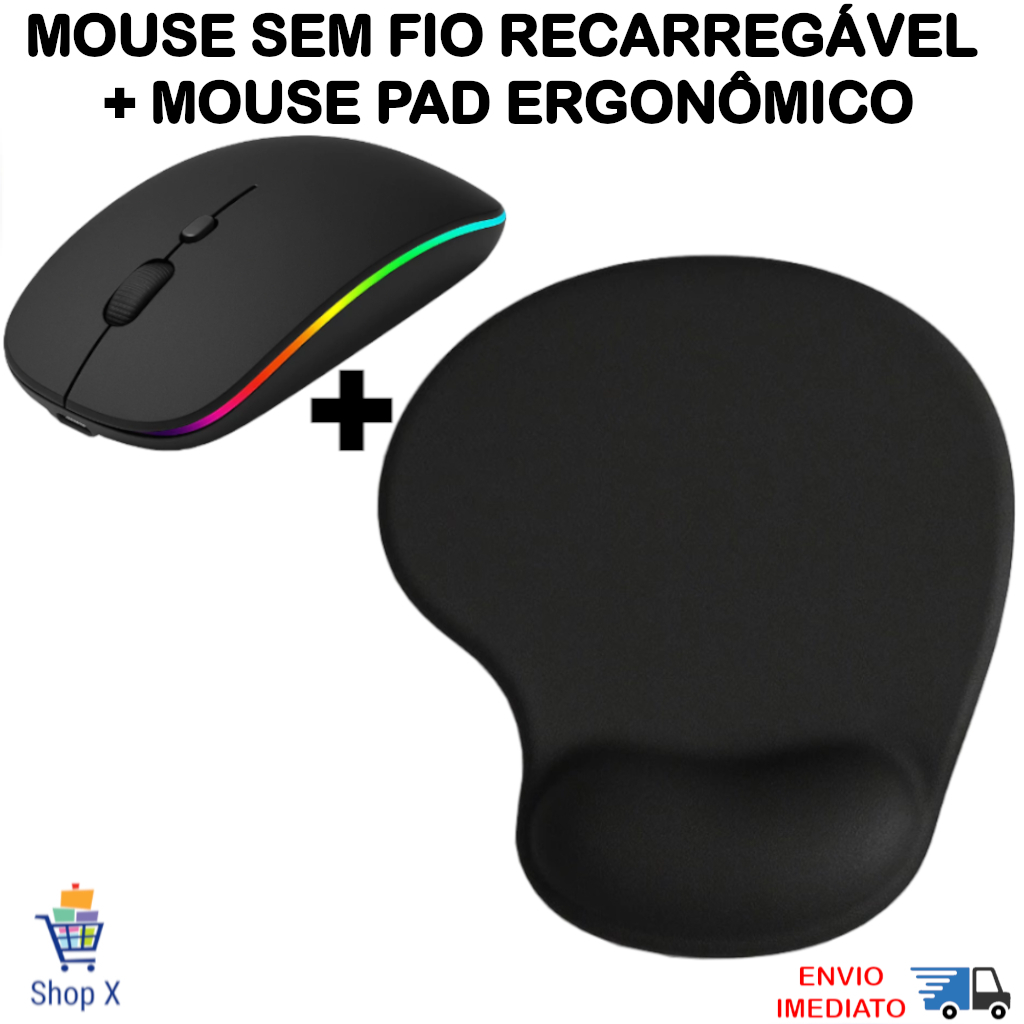 Kit Mouse Sem Fio Recarregável + Mousepad Ergonômico Com Apoio De Pulso