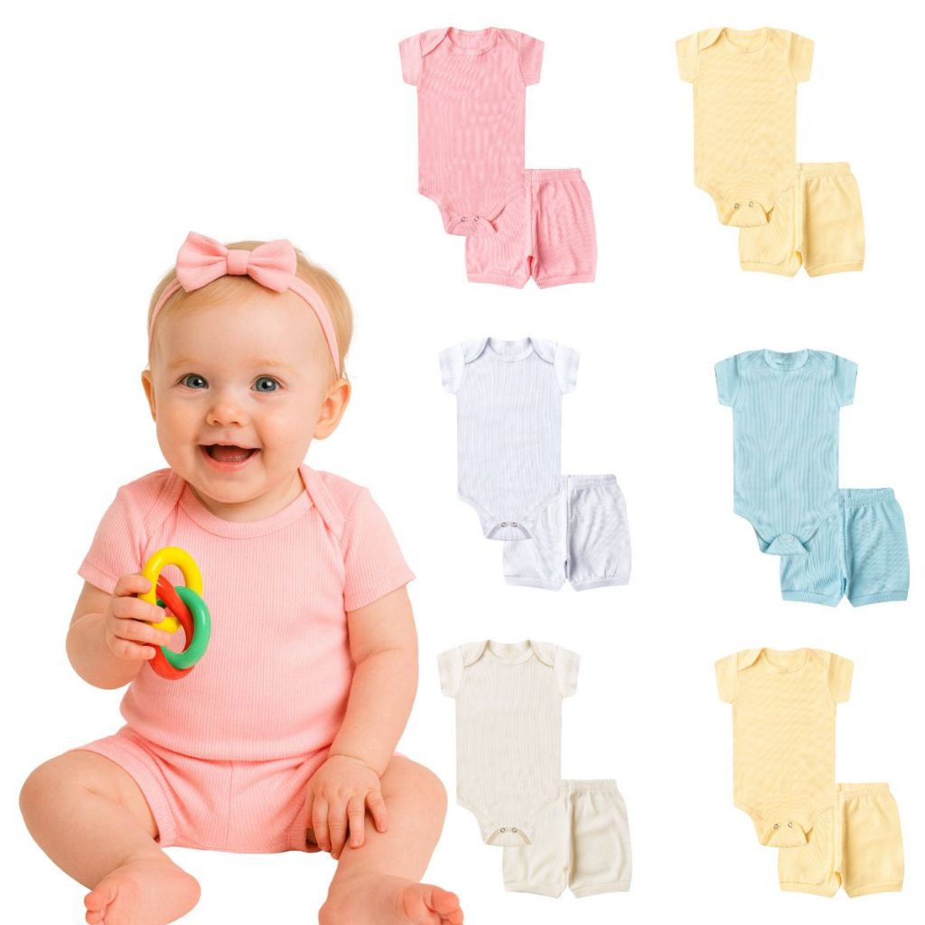 Kit 6 Peças Body Bebê CANELADO Menina Body Pagão Manga Curta com Tapa Fraldas Verão Tamanho RN ao GG