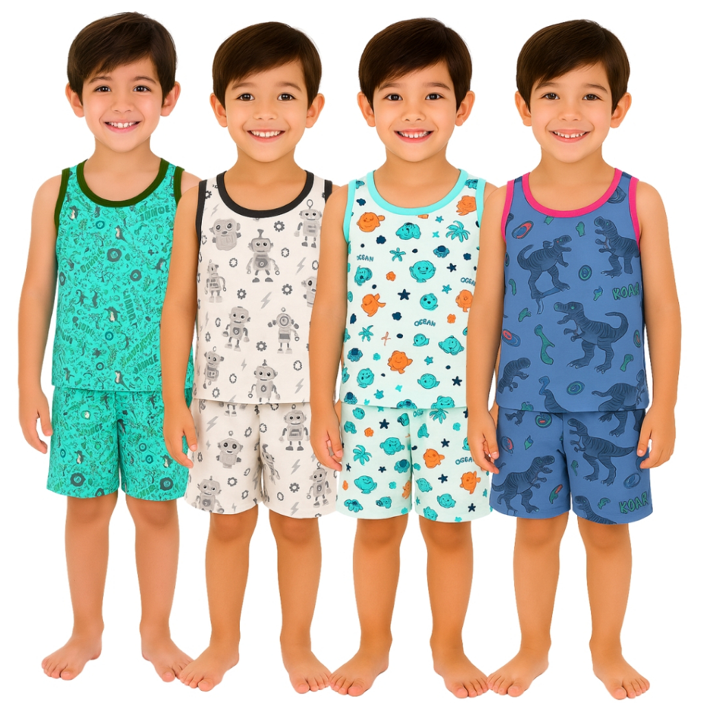 Kit 8 Peças Pijama Infantil Regata Masculino Sendo 4 Camisetas + 4 Bermudas 2 ao 8 Anos em Oferta na Shopee