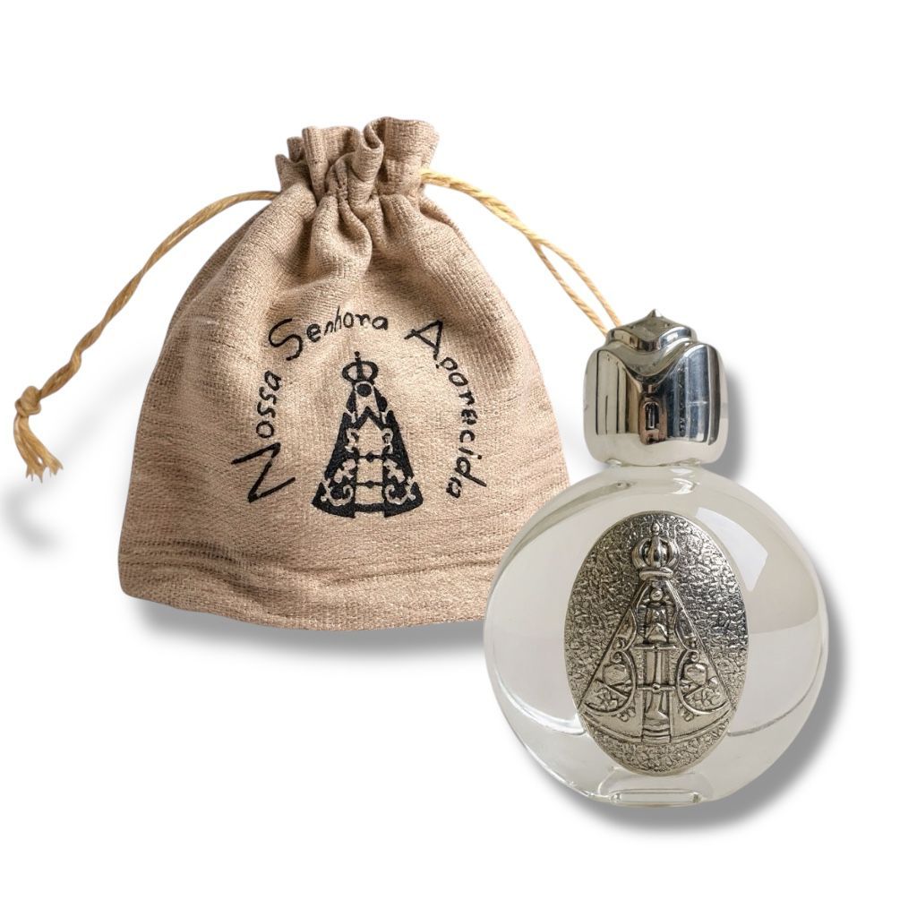 Porta Agua Benta Vidrinho NS Aparecida Saquinho Linho 10cm