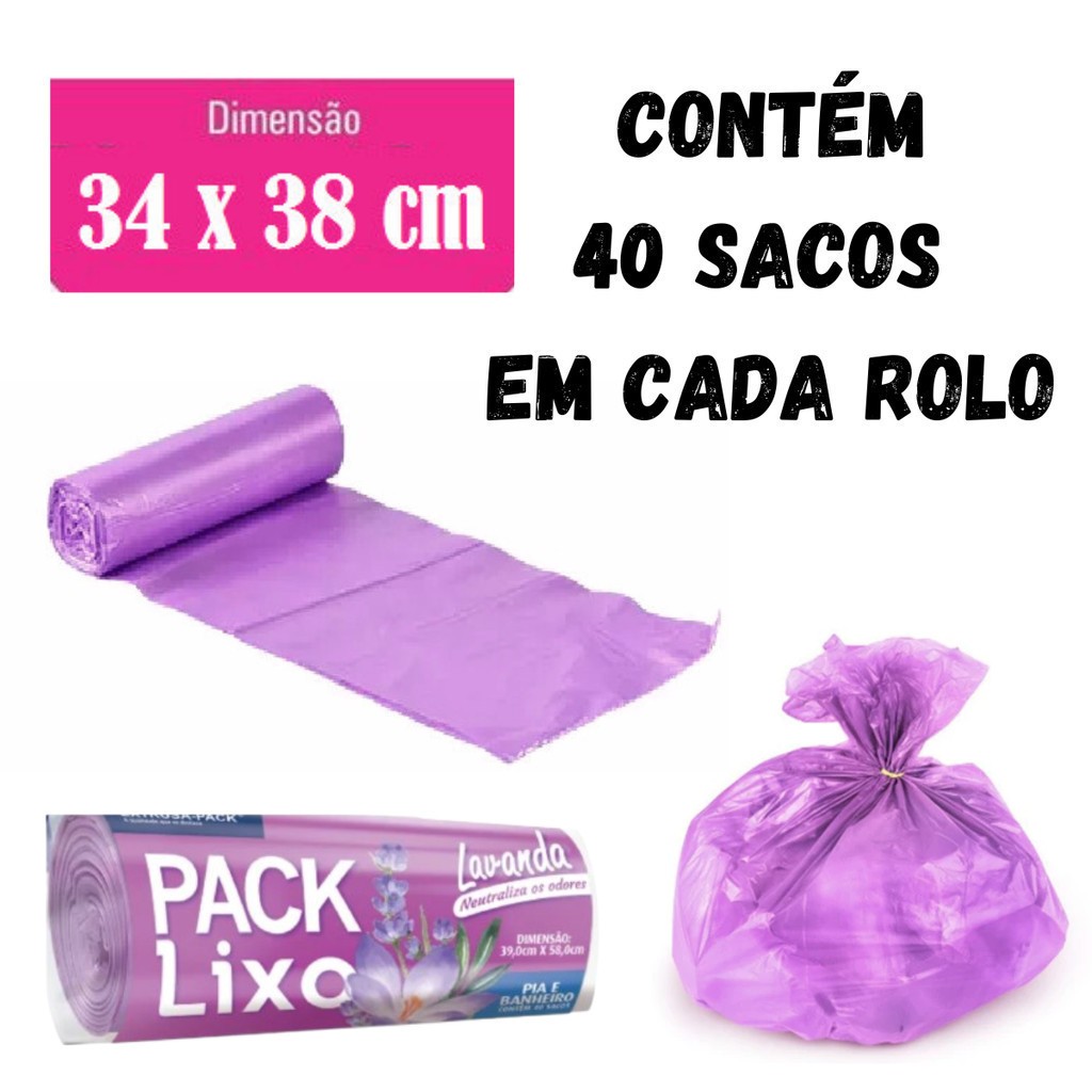 Saco de Lixo Lavanda Perfumado Pia e Banheiro 34x38cm 40 sacos Anti Odor Insetos Neutraliza Odores