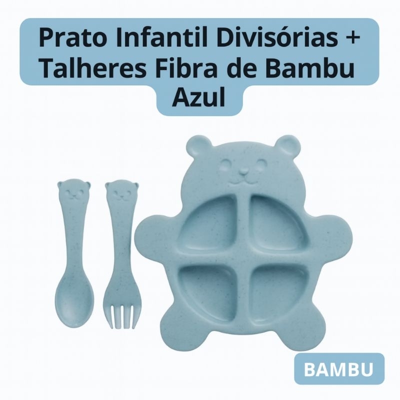 Prato Infantil com Divisórias + 2 Talheres – Urso Baby – Fibra de Bambu – Azul