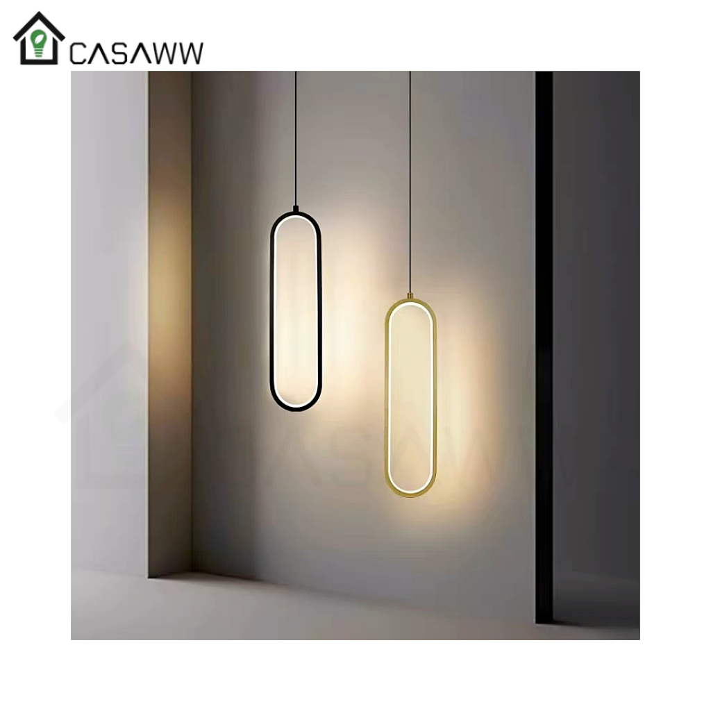 Luminária Pendente Orion Dourado Oval Moderno Led Lustre Teto Slim Anel Dourado Preto Minimalista