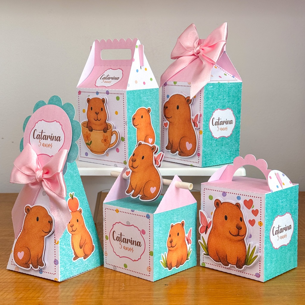 Kit Personalizados Capivara Rosa PEGUE  E MONTE Caixinha Lembrancinha Festa Aniversário