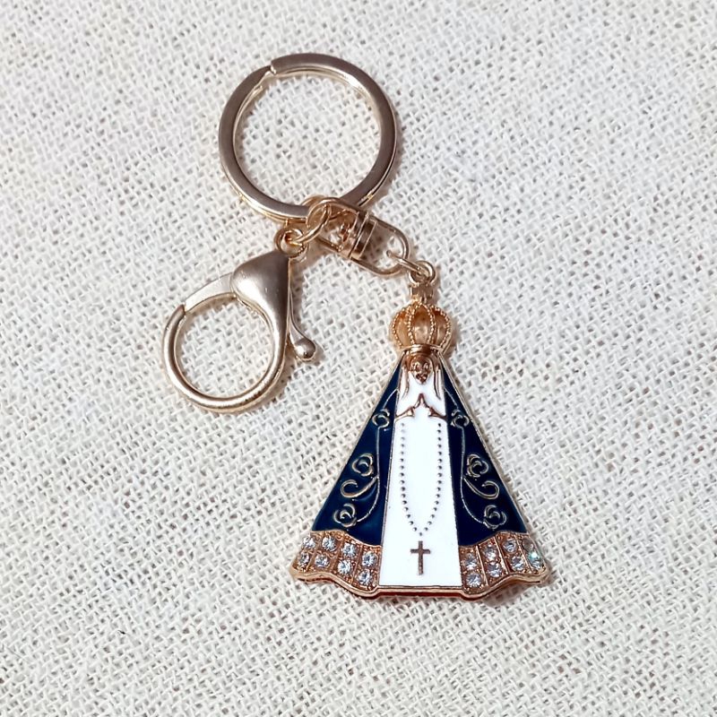 Chaveiro Nossa Senhora Aparecida Metal Dourado com Strass Devoção Católico Mosquetão