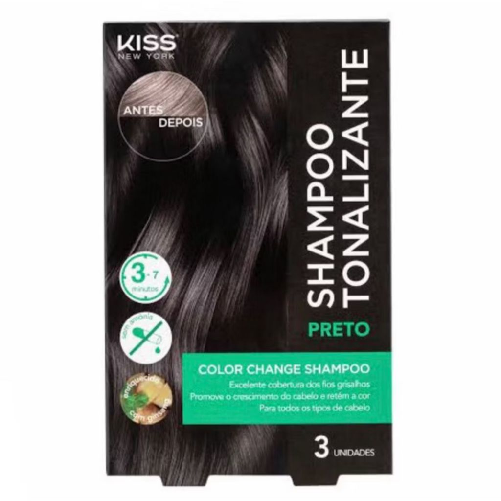 Shampoo Tonalizante Kiss New York para Cabelo Preto, Color Change 3 Unid. Cobertura de Fios Grisalho