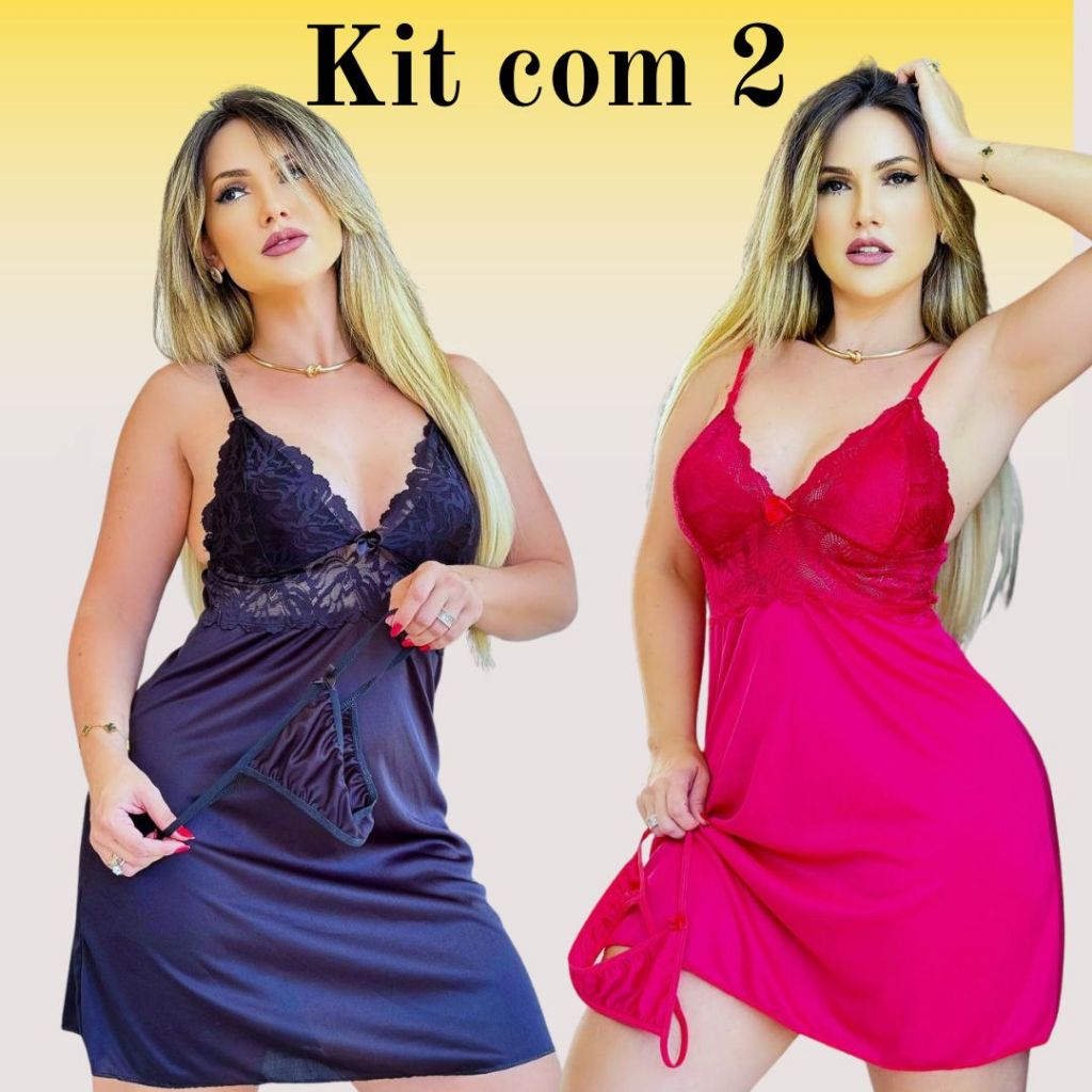 Kit 2 Camisolas De Renda Pijama Baby Doll Luxo Sensual com Calcinha Fio Dental Roupa para Dormir