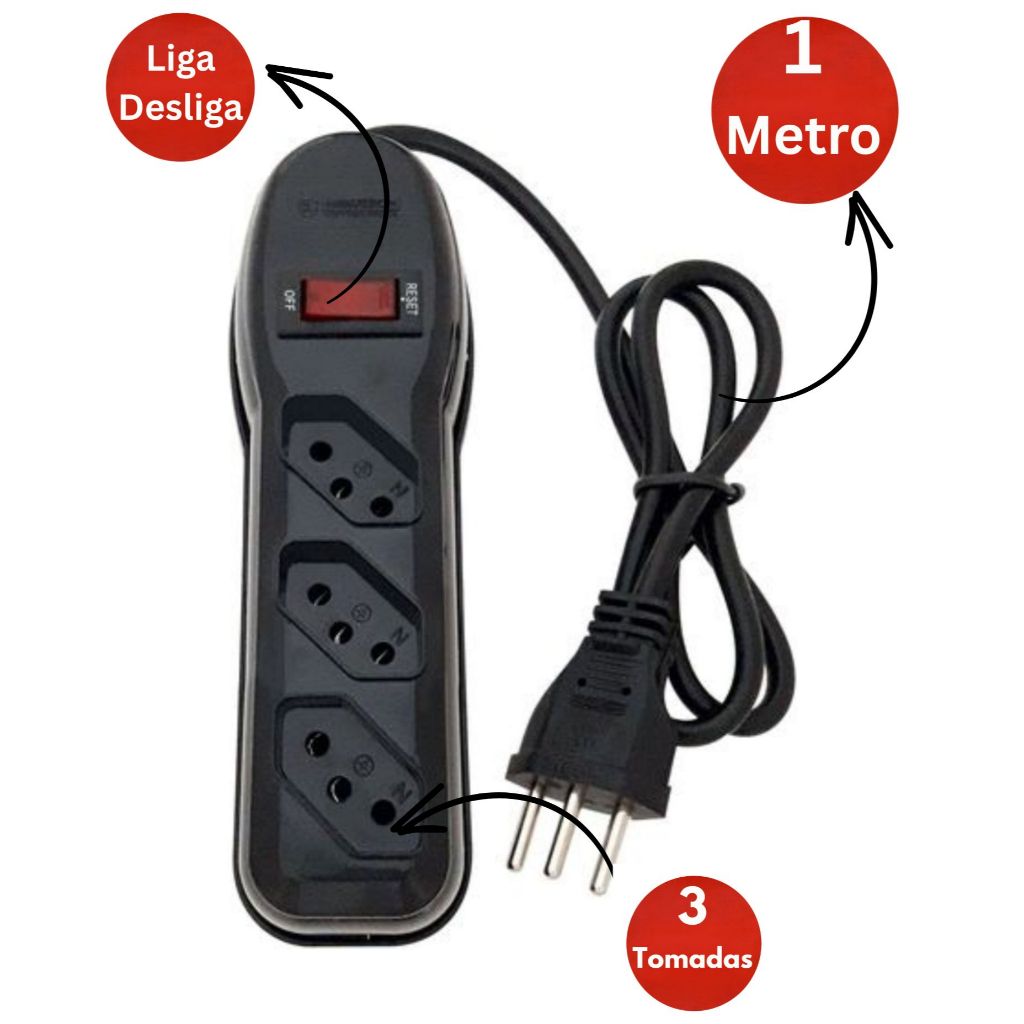 Filtro de Linha Regua eletrica 3 Tomadas cabo 1 metro Preto em Oferta na Shopee