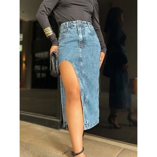 Saia Midi Jeans Feminina Cintura Alta Design de fenda Divisão unilateral da coxa sem lycra