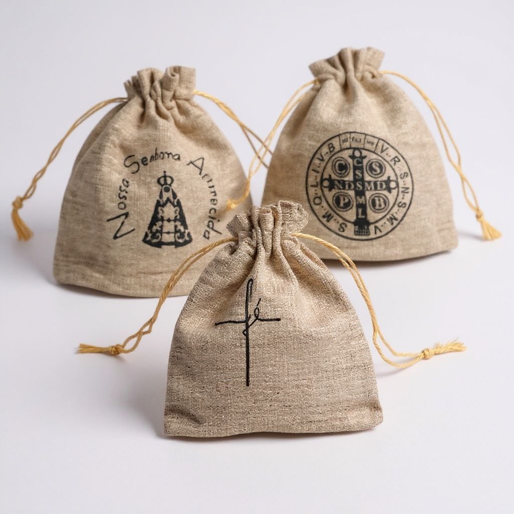 12 Saquinho Linho Cru Nossa Senhora Aparecida São Bento Fé Sacolinha Presente 10cm