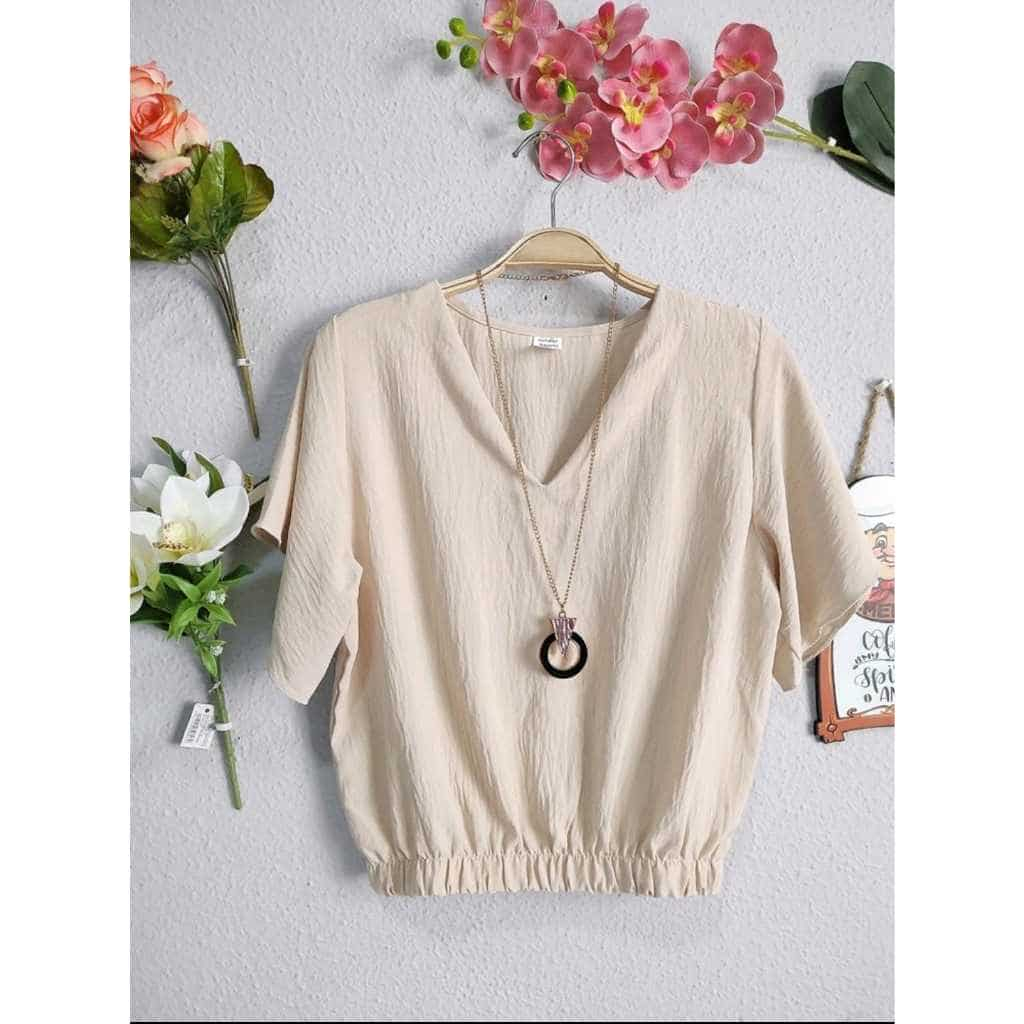 Blusa Feminina Gola V Tecido Duna Elástico Na Cintura Elegante