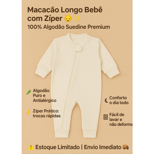 Macacão Longo Bebê Suedine 100% Algodão com Zíper – Menina Menino Enxoval Maternidade Roupas