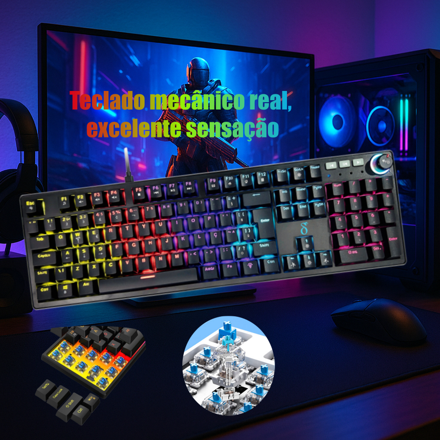 Teclado Mecânico Gamer ABNT2 Switch Azul RGB Anti-Ghosting com Controle Multifuncional