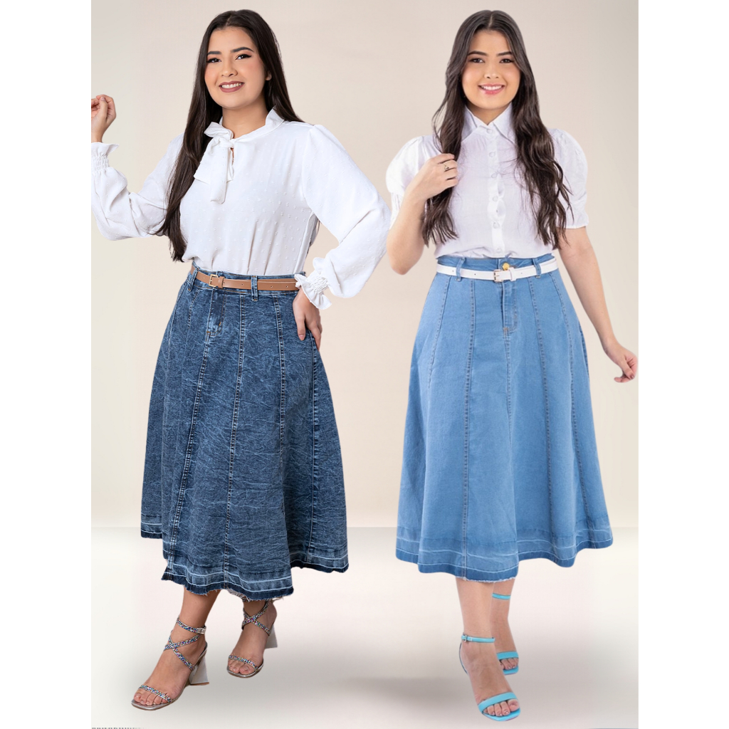 Saia Jeans Midi Elegante Evasê Godê Rodadinha Acompanha Cinto Moda Evangélica Jufí