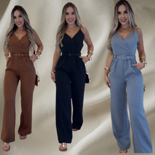 Macacão Longo Feminina Alfaiataria Elegante Premiun Social com Cinto em Oferta na Shopee