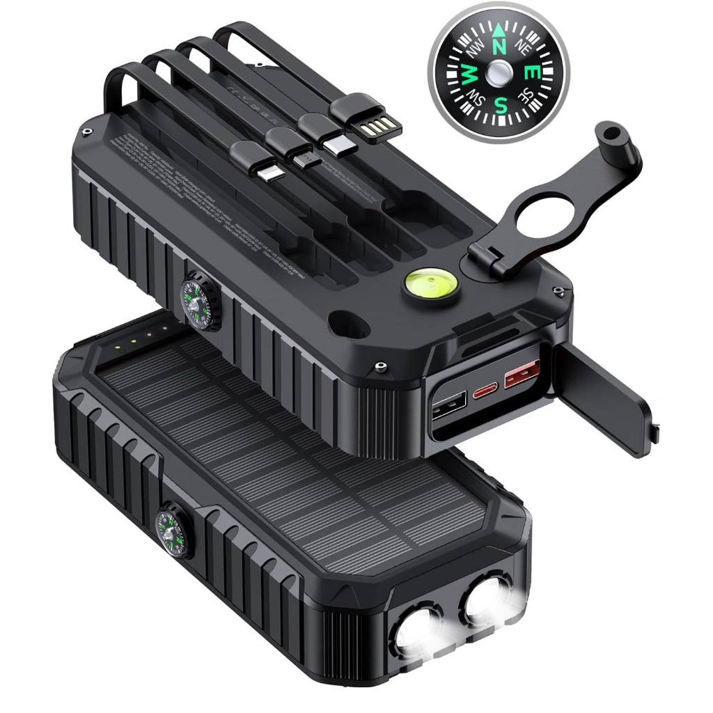 Banco de energia solar de 40000mAh com 4 cabos integrados e manivela, equipado com uma lanterna potente e bússola em Oferta na Shopee
