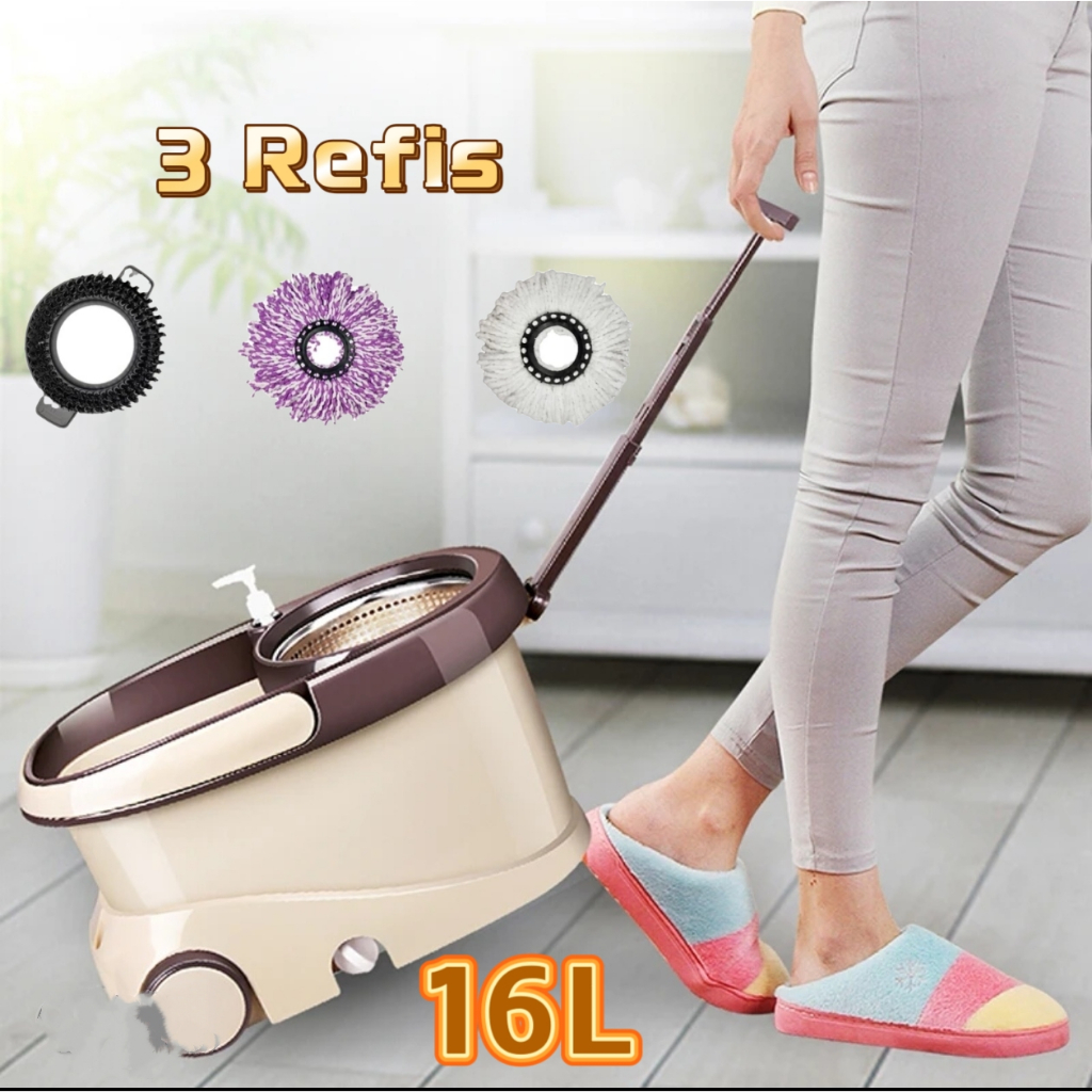 Esfregão Removível 16L Cabo 140cm + 3 Refis Esfregão giratório com cesto aço inox Rodo 360°