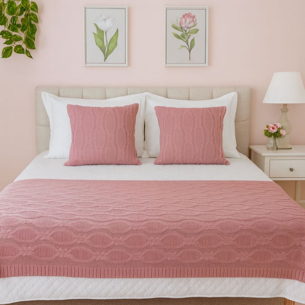 Kit Peseira Manta Tricot Luxo + 2 Capas de Almofadas Decorativas Sala Sofá Cama Texturizad...