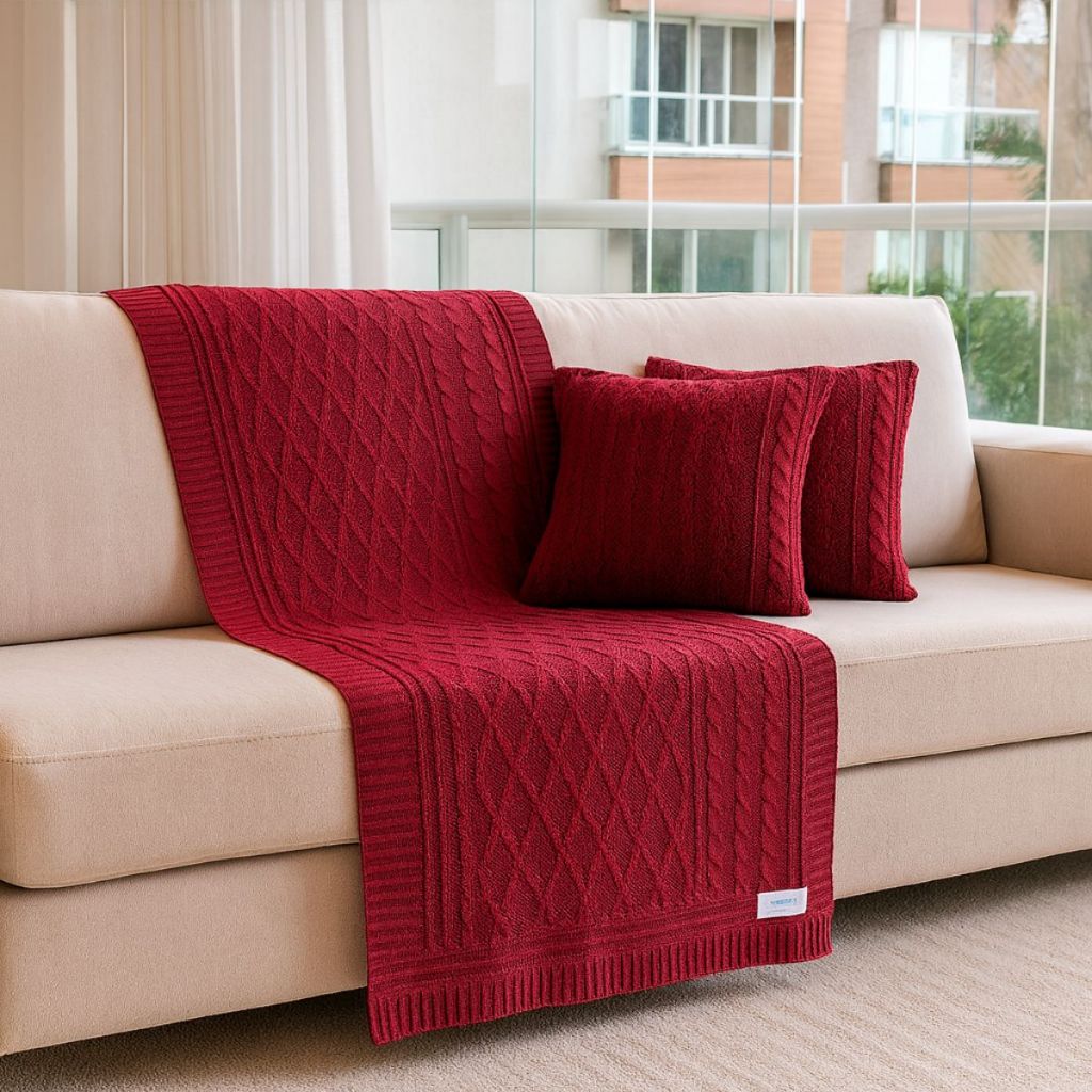 Kit Manta Tricot Californian Style Luxo 3D Tranças + 2 Capas de Almofada Sofá e Cama Kit Manta Tricot Californian Style Luxo 3D Tranças + 2 Capas de Almofada Sofá e Cama