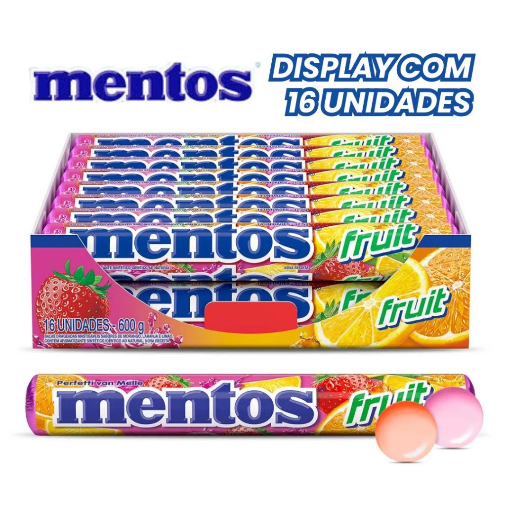 Bala Mentos Stick Display com 16 Unidades de 37,5 g Drops com Sabores Sortidos
