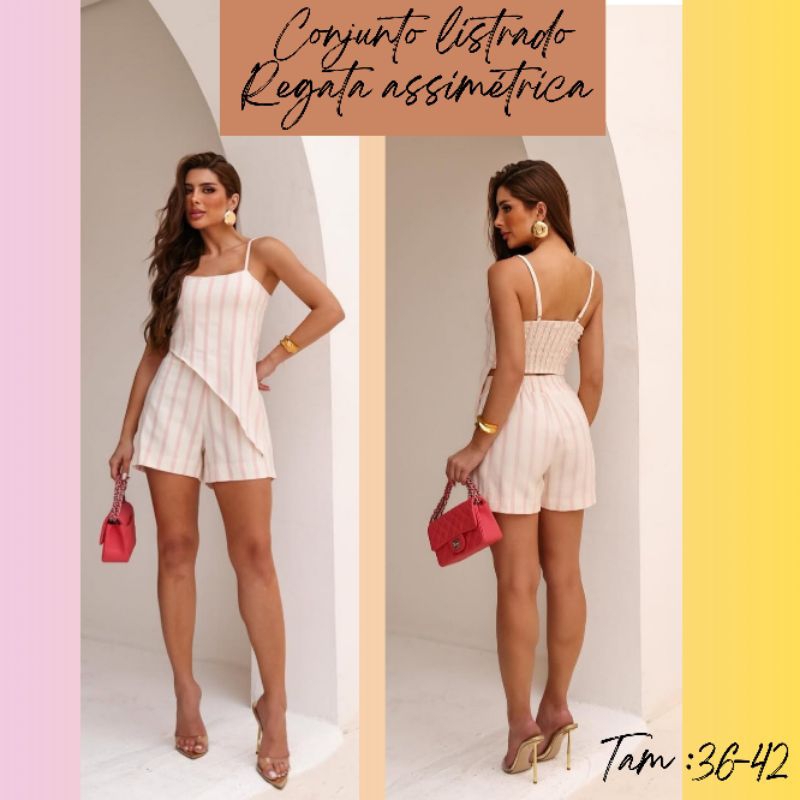 Conjunto Feminino Listrado Verão Regata Assimétrica + Short Soltinho Casual Elegante