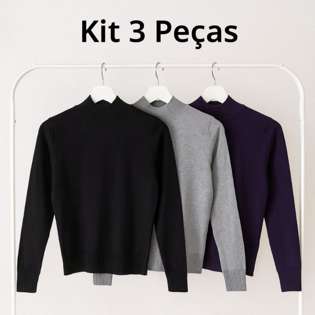 Kit 3 Peças Blusa Feminina Tricot Inverno Casual | Gola Redonda com Elastano Premium