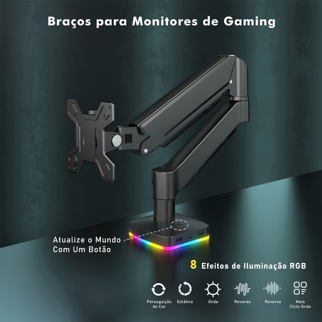 COIBEU Suporte de computador de braço único de ferro RGB para 17-34 polegadas com cabo oculto