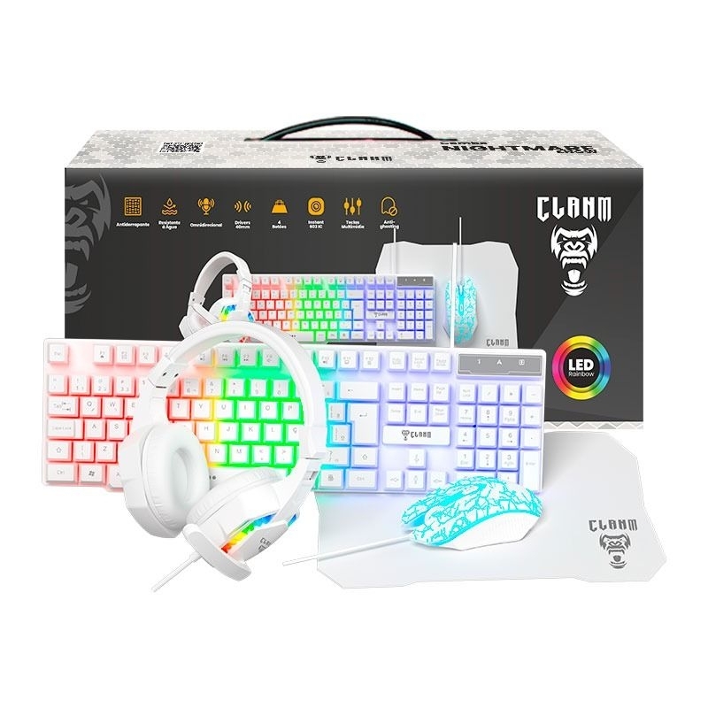 KIT COMBO GAMER - COMBO BRANCO -TECLADO, MOUSE, FONE E MOUSEPAD - SNOW  CLANM