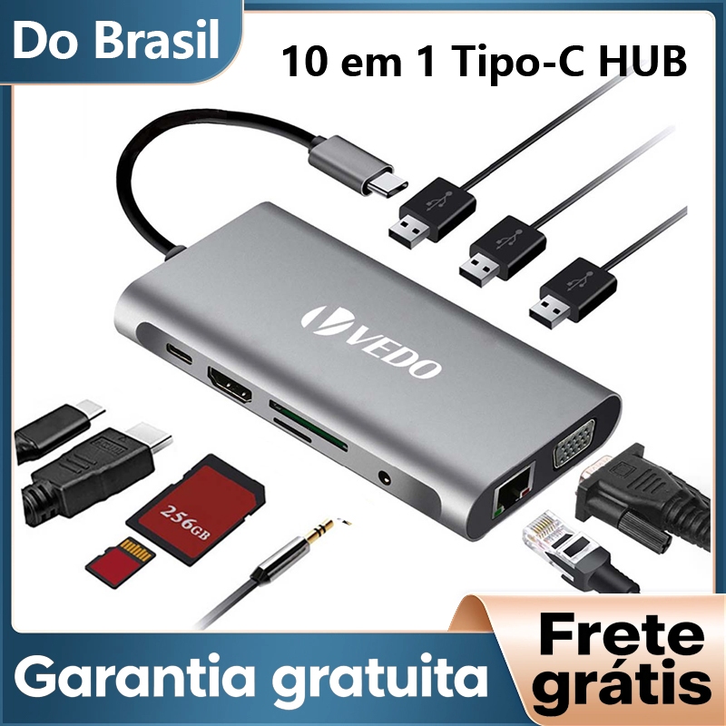 Porta USB Hub 10 Em 1 Leitor De Cartão SD Tipo C Hub HDMI 4K USB 3.0 100W Compatível com Telefone E Laptop