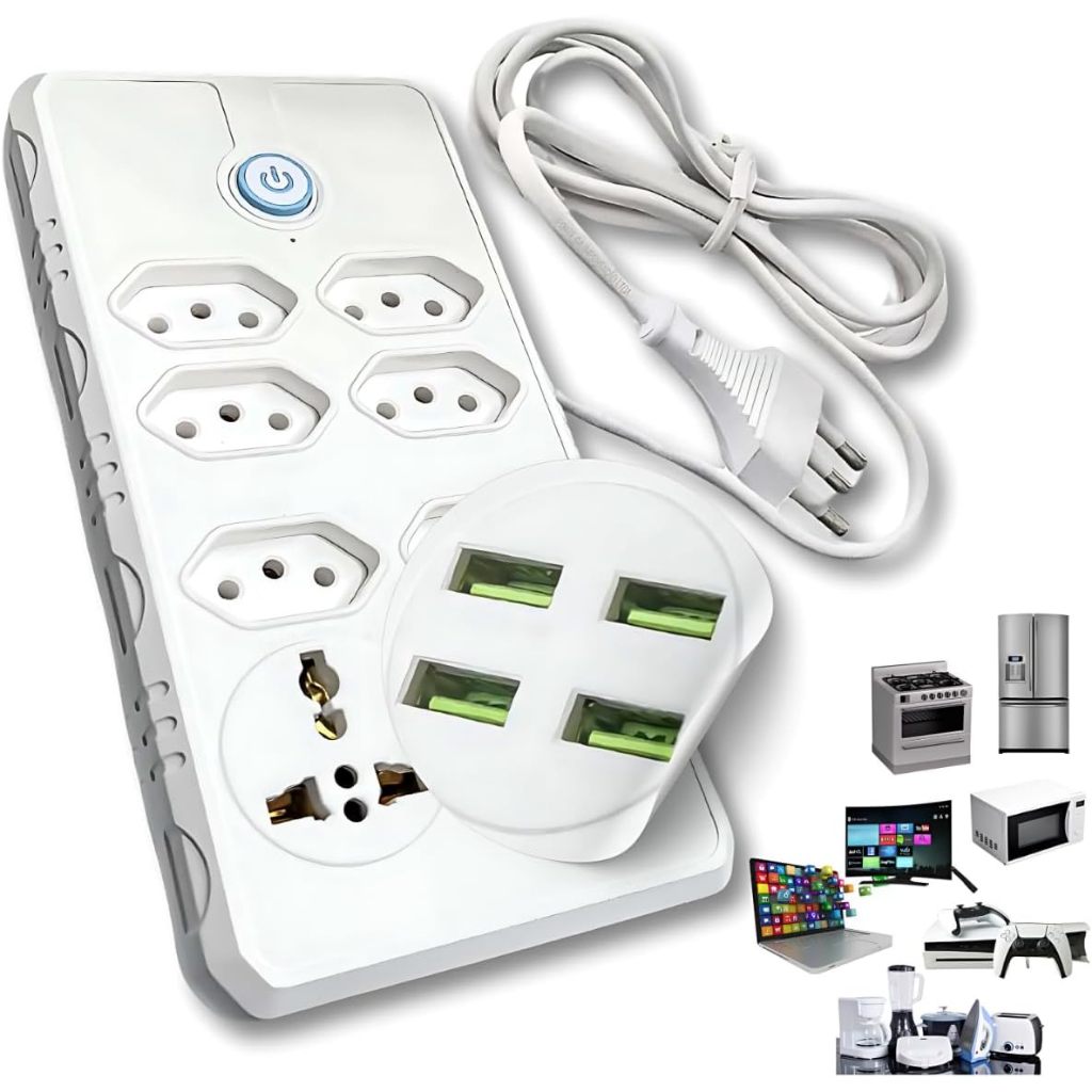 Tomadas Extensão Elétrica 7 Tomadas 4 Usb Régua Filtro de Linha Bivolt Cabo 2 Metros Seguro e confiável