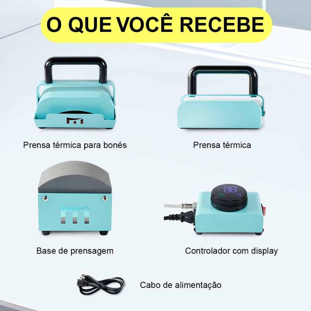 Detalhes do Mini Prensa Térmica Portátil 2 Em 1 Para Bonés E Placas 12x15cm Plana Com Controle Digital Preciso