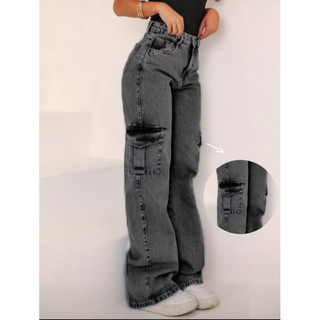 Calça Jeans Cargo Wid Leg Com Bolsos Laterais Calça Cargo