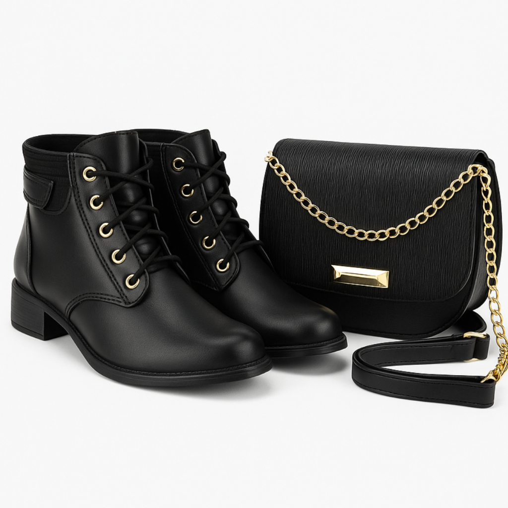 Kit Bota Coturno Feminina Blogueira Estilo Montaria + Bolsa Feminina Cano Curto Bico Redondo