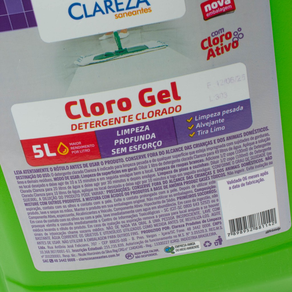 Detergente Clorado Cloro Gel Clareza 5 Litros Limpeza Profunda com Cloro Ativo 5L