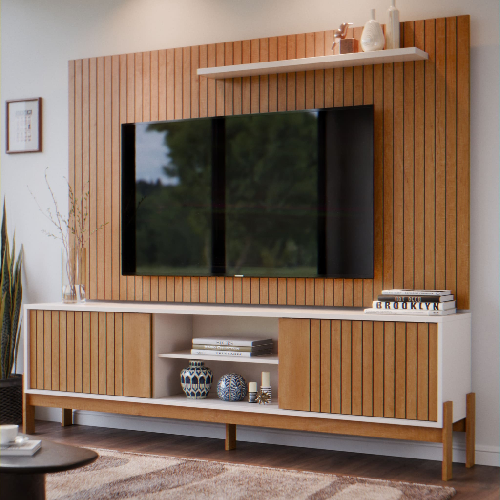Rack Com Painel Ripado Freijó Off White Para TV até 65 Polegadas Sala Moderna Com Portas em Oferta na Shopee