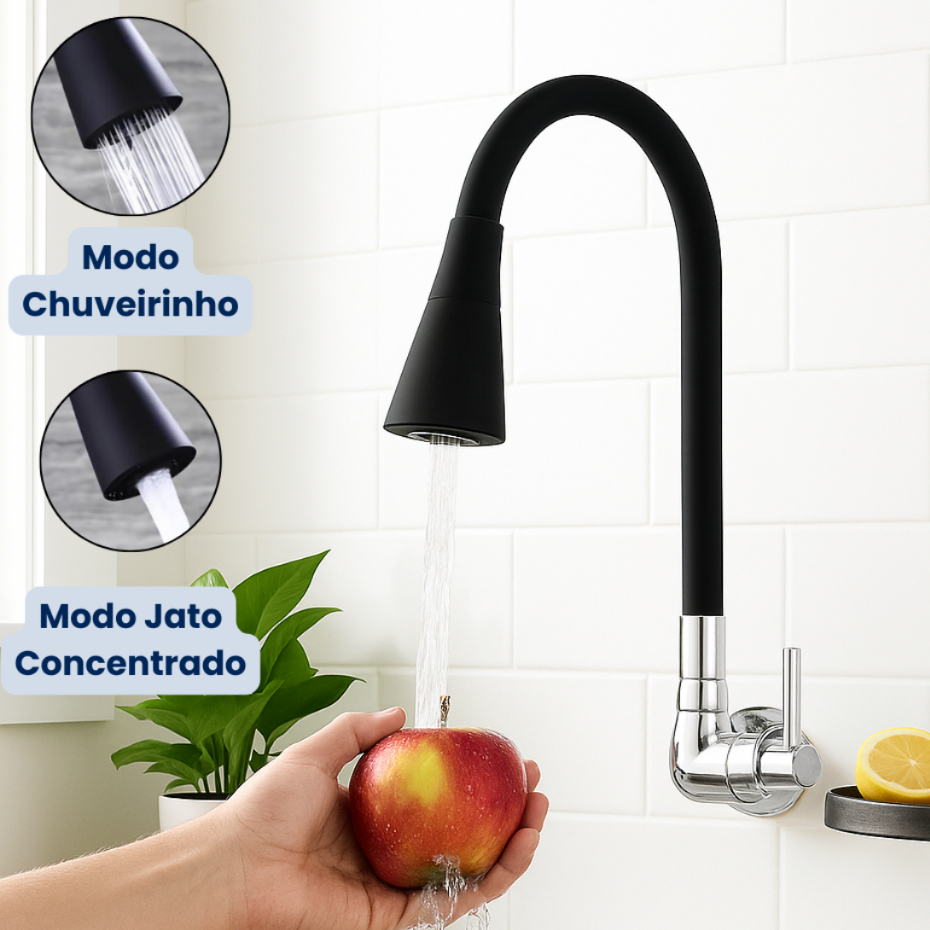 Torneira Cozinha Parede Preta Flexível Duplo Jato Cone 1/4 de Volta