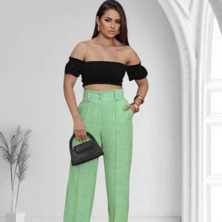Calça Feminina Pantalona Alfaiataria Social Linhão Tom Pastéis Cores Candy Colors Cintura Alta