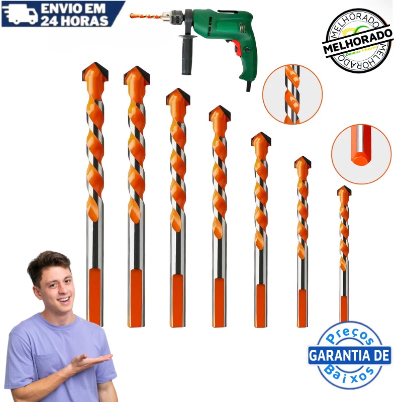 Kit 7 Brocas Profissionais de Tungstênio 3/4/5/6/8/10/12mm Para Vidro, Cerâmica, Concreto e Metal